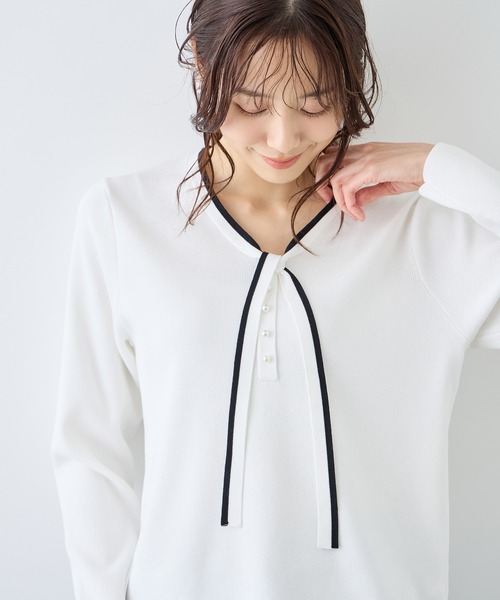 ROPE' PICNIC(ロペピクニック)の「配色リボンパールニット(ニット/セーター・レディース・ライトグレー/オフホワイト/ブラック・FREE)」の2枚目の写真
