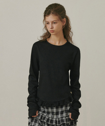 Ruffle soft round neck T-shirt BLACK
