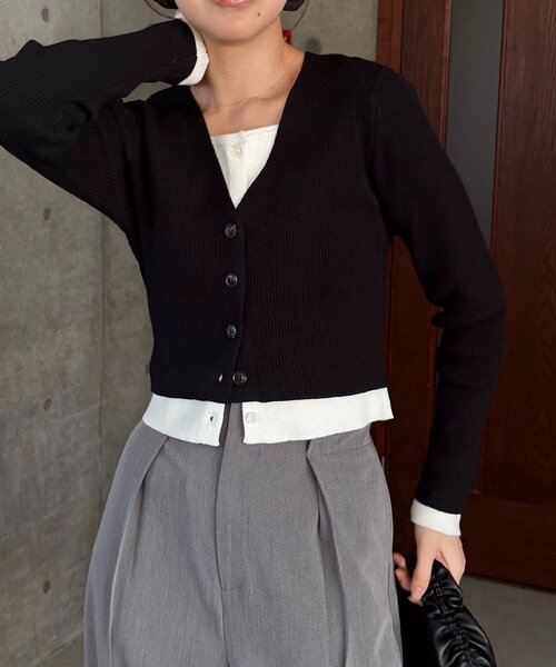 CAPRICIEUX LE'MAGE（カプリシューレマージュ）の「バイカラーレイヤードカーディガン（カーディガン/ボレロ・レディース・ブラック/グレー/ピンク・FREE）」の7枚目の写真