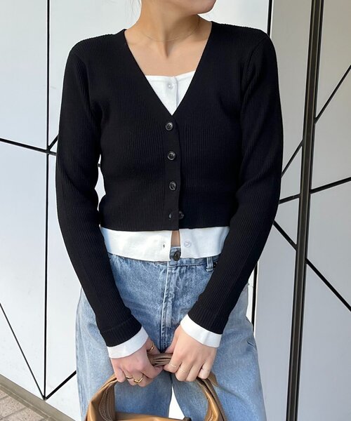 CAPRICIEUX LE'MAGE（カプリシューレマージュ）の「バイカラーレイヤードカーディガン（カーディガン/ボレロ・レディース・ブラック/グレー/ピンク・FREE）」の10枚目の写真