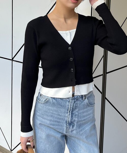 CAPRICIEUX LE'MAGE（カプリシューレマージュ）の「バイカラーレイヤードカーディガン（カーディガン/ボレロ・レディース・ブラック/グレー/ピンク・FREE）」の12枚目の写真