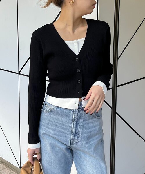 CAPRICIEUX LE'MAGE（カプリシューレマージュ）の「バイカラーレイヤードカーディガン（カーディガン/ボレロ・レディース・ブラック/グレー/ピンク・FREE）」の15枚目の写真