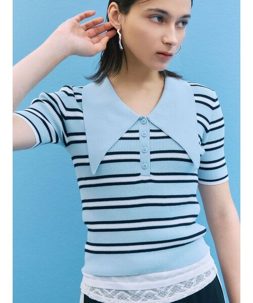 LAGUNAMOON（ラグナムーン）の「ヘムレイヤードビッグカラーポロニットプルオーバー（ニット/セーター・レディース・ベージュ/ブルー/ブラック・FREE）」の3枚目の写真