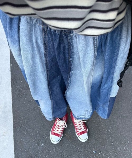 DOUBLE NAME（ダブルネーム）の「リメイク風パッチワークデニムスカート（スカート・レディース・インディゴブルー/ブラック・FREE）」の6枚目の写真