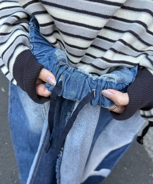 DOUBLE NAME（ダブルネーム）の「リメイク風パッチワークデニムスカート（スカート・レディース・インディゴブルー/ブラック・FREE）」の5枚目の写真