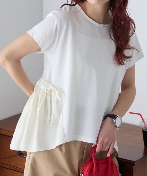 BONLECILL(ボンルシール)の「【接触冷感/UV/マシンウォッシャブル】サイドリボンシャツテールT(Tシャツ/カットソー・レディース・ブラック/ホワイト/チャコールグレー/オフホワイト・FREE)」の2枚目の写真