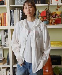 【FFEIN(フェイン)】シアー両ポケットフードシャツシャツ /レディース シアー シャツ 長袖 ワンポイント 刺繍 レイヤード ポケット