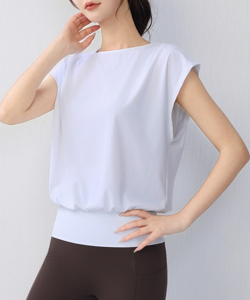HYSSHOP（エイチワイエスショップ）の「【大きいサイズ有/吸汗速乾】バックカットアウト フレンチスリーブ ヨガ フィットネストップス レディース[トレーニングウェア/ジムウェア/ピラティスウェア]（その他トップス・レディース・ホワイト系その他/チャコールグレー/ブルー/グレー・M/L/S/XL）」の8枚目の写真