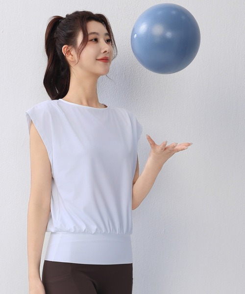 HYSSHOP（エイチワイエスショップ）の「【大きいサイズ有/吸汗速乾】バックカットアウト フレンチスリーブ ヨガ フィットネストップス レディース[トレーニングウェア/ジムウェア/ピラティスウェア]（その他トップス・レディース・ホワイト系その他/チャコールグレー/ブルー/グレー・M/L/S/XL）」の10枚目の写真