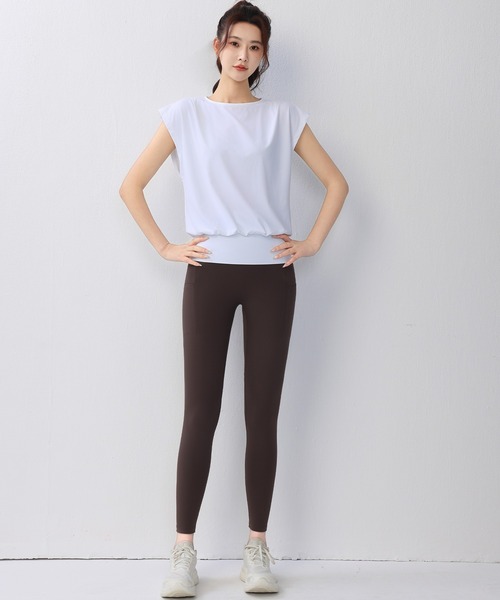 HYSSHOP（エイチワイエスショップ）の「【大きいサイズ有/吸汗速乾】バックカットアウト フレンチスリーブ ヨガ フィットネストップス レディース[トレーニングウェア/ジムウェア/ピラティスウェア]（その他トップス・レディース・ホワイト系その他/チャコールグレー/ブルー/グレー・M/L/S/XL）」の11枚目の写真