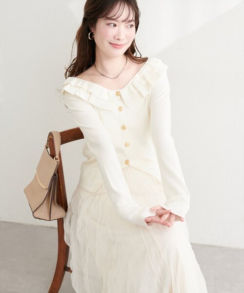 natural couture(ナチュラルクチュール)の「フリルカラースプリングカーディガン(カーディガン/ボレロ・レディース・ピンク/ミント/ブラック/ネイビー/オフホワイト・FREE)」の1枚目の写真