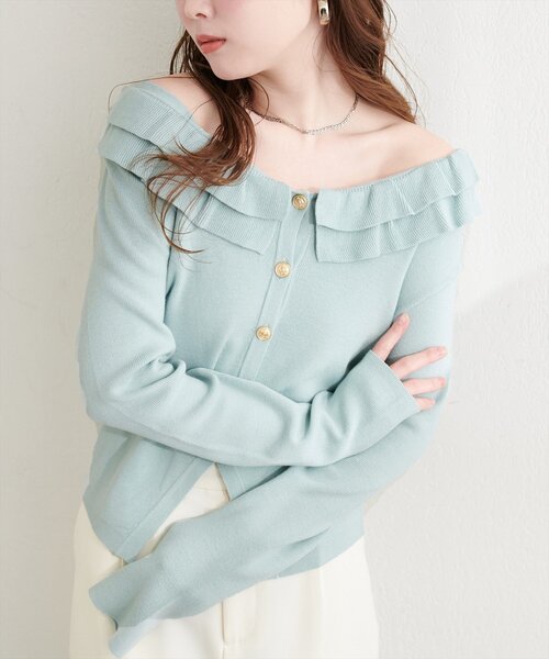 natural couture(ナチュラルクチュール)の「フリルカラースプリングカーディガン(カーディガン/ボレロ・レディース・ピンク/ミント/ブラック/ネイビー/オフホワイト・FREE)」の3枚目の写真