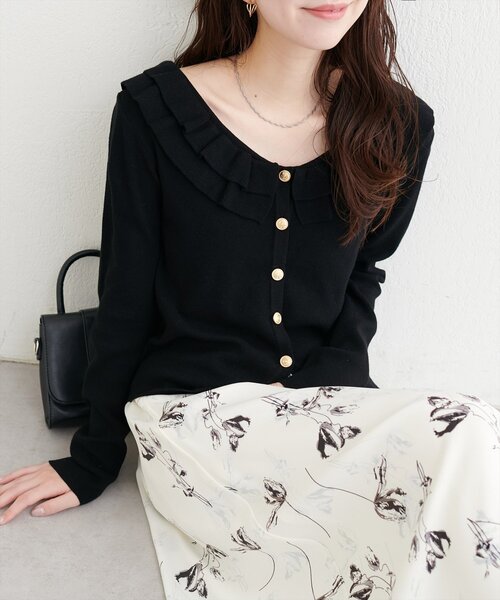 natural couture(ナチュラルクチュール)の「フリルカラースプリングカーディガン(カーディガン/ボレロ・レディース・ピンク/ミント/ブラック/ネイビー/オフホワイト・FREE)」の2枚目の写真