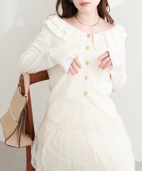 美品✨SANDROサンドロ　金ボタン　ラッフルカラーフリル襟　ニットカーディガン Cardigan with detachable ruffle collar in Grey for Women | Sandro