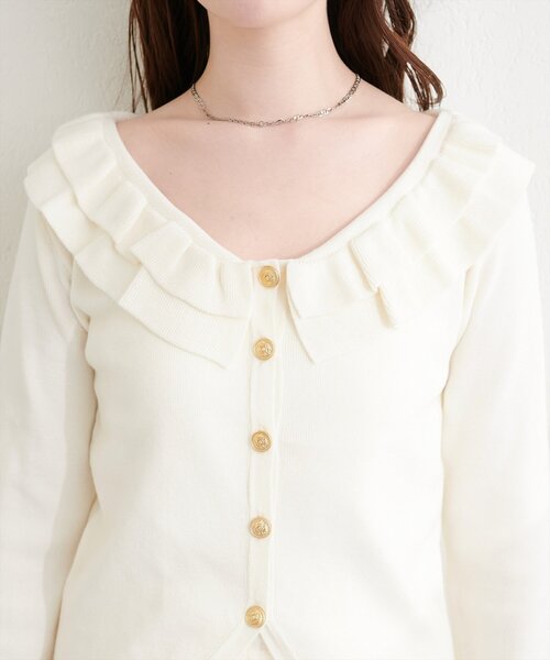 natural couture(ナチュラルクチュール)の「フリルカラースプリングカーディガン(カーディガン/ボレロ・レディース・ピンク/ミント/ブラック/ネイビー/オフホワイト・FREE)」の6枚目の写真