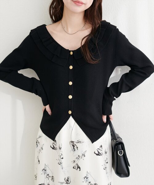 natural couture(ナチュラルクチュール)の「フリルカラースプリングカーディガン(カーディガン/ボレロ・レディース・ピンク/ミント/ブラック/ネイビー/オフホワイト・FREE)」の9枚目の写真