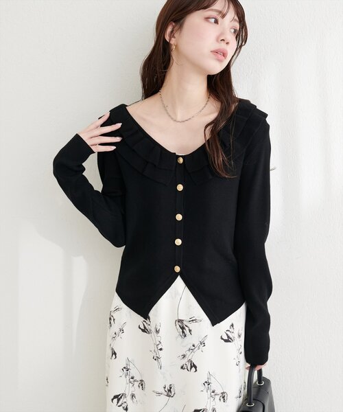 natural couture(ナチュラルクチュール)の「フリルカラースプリングカーディガン(カーディガン/ボレロ・レディース・ピンク/ミント/ブラック/ネイビー/オフホワイト・FREE)」の11枚目の写真