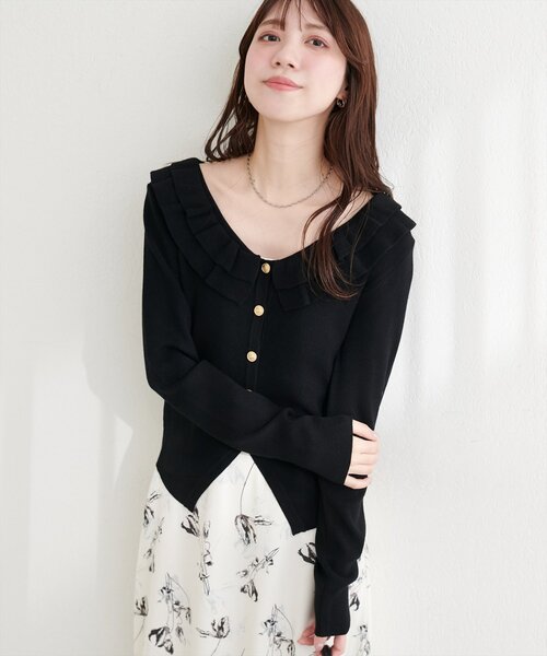 natural couture(ナチュラルクチュール)の「フリルカラースプリングカーディガン(カーディガン/ボレロ・レディース・ピンク/ミント/ブラック/ネイビー/オフホワイト・FREE)」の12枚目の写真