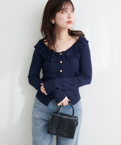 natural couture(ナチュラルクチュール)の「フリルカラースプリングカーディガン(カーディガン/ボレロ・レディース・ピンク/ミント/ブラック/ネイビー/オフホワイト・FREE)」の16枚目の写真