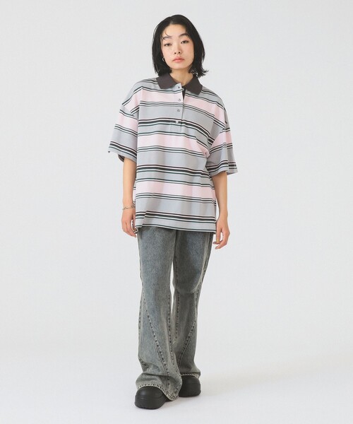 Ray BEAMS（レイビームス）の「マルチ ボーダー ビッグ ポロ（Tシャツ/カットソー・レディース・ブルー系その他3/ライトグレー・ONE SIZE）」の3枚目の写真