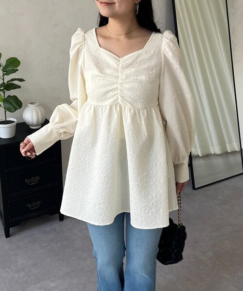 prose verse（プロズヴェール）の「フロントシャーリングパフスリーブジャガードペプラムブラウス（シャツ/ブラウス・レディース・ブラック/サックスブルー/アイボリー・MEDIUM/LARGE）」の14枚目の写真