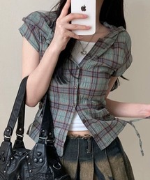 Teem Store（チームストア）の「フード付きサイドギャザーコンパクトチェック柄シアーシャツ（シャツ/ブラウス）」