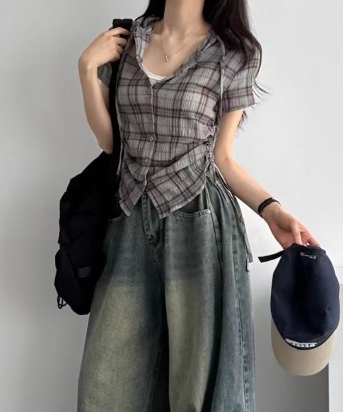 Teem Store(チームストア)の「フード付きサイドギャザーコンパクトチェック柄シアーシャツ(シャツ/ブラウス・レディース・グリーン/ベージュ/ネイビー・F)」の6枚目の写真