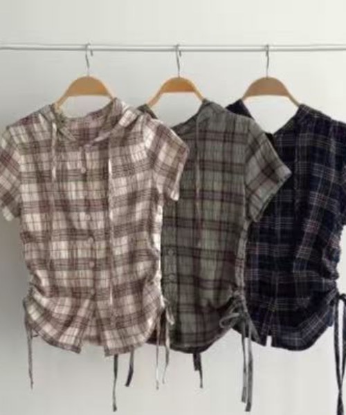 Teem Store(チームストア)の「フード付きサイドギャザーコンパクトチェック柄シアーシャツ(シャツ/ブラウス・レディース・グリーン/ベージュ/ネイビー・F)」の10枚目の写真