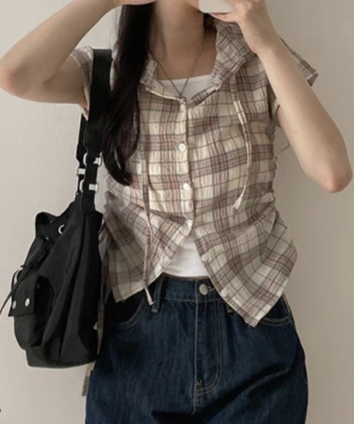 Teem Store(チームストア)の「フード付きサイドギャザーコンパクトチェック柄シアーシャツ(シャツ/ブラウス・レディース・グリーン/ベージュ/ネイビー・F)」の12枚目の写真