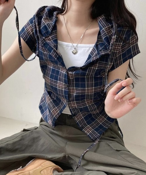 Teem Store(チームストア)の「フード付きサイドギャザーコンパクトチェック柄シアーシャツ(シャツ/ブラウス・レディース・グリーン/ベージュ/ネイビー・F)」の19枚目の写真