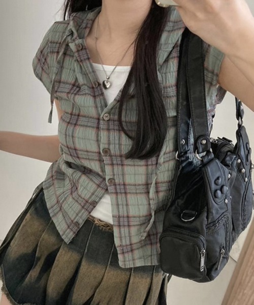 Teem Store(チームストア)の「フード付きサイドギャザーコンパクトチェック柄シアーシャツ(シャツ/ブラウス・レディース・グリーン/ベージュ/ネイビー・F)」の15枚目の写真