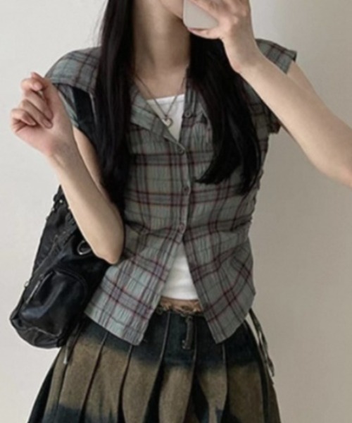 Teem Store(チームストア)の「フード付きサイドギャザーコンパクトチェック柄シアーシャツ(シャツ/ブラウス・レディース・グリーン/ベージュ/ネイビー・F)」の16枚目の写真