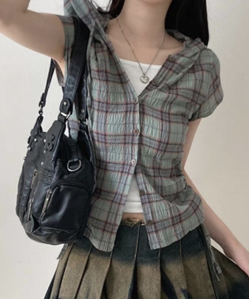 Teem Store(チームストア)の「フード付きサイドギャザーコンパクトチェック柄シアーシャツ(シャツ/ブラウス・レディース・グリーン/ベージュ/ネイビー・F)」の22枚目の写真