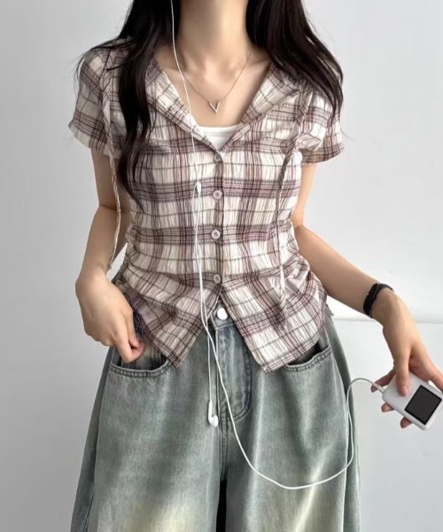 Teem Store(チームストア)の「フード付きサイドギャザーコンパクトチェック柄シアーシャツ(シャツ/ブラウス・レディース・グリーン/ベージュ/ネイビー・F)」の14枚目の写真