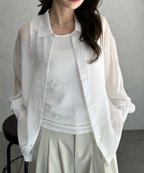 TREOVER（トレオーバー）の「リラックス感あるオーバーシルエットシアーシャツとシンプルなリブタンクの2点セット（シャツ/ブラウス・レディース・オフホワイト/ピンク/ライトグレー/ライトブルー/ブラック・FREE）」の8枚目の写真
