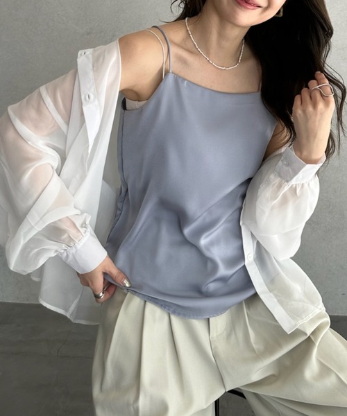 TREOVER（トレオーバー）の「リラックス感あるオーバーシルエットシアーシャツとシンプルなリブタンクの2点セット（シャツ/ブラウス・レディース・オフホワイト/ピンク/ライトグレー/ライトブルー/ブラック・FREE）」の10枚目の写真