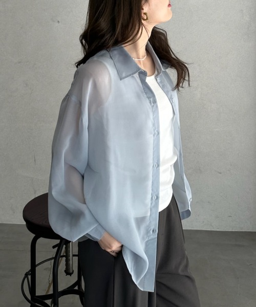 TREOVER（トレオーバー）の「リラックス感あるオーバーシルエットシアーシャツとシンプルなリブタンクの2点セット（シャツ/ブラウス・レディース・オフホワイト/ピンク/ライトグレー/ライトブルー/ブラック・FREE）」の11枚目の写真