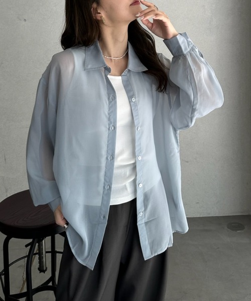 TREOVER（トレオーバー）の「リラックス感あるオーバーシルエットシアーシャツとシンプルなリブタンクの2点セット（シャツ/ブラウス・レディース・オフホワイト/ピンク/ライトグレー/ライトブルー/ブラック・FREE）」の13枚目の写真