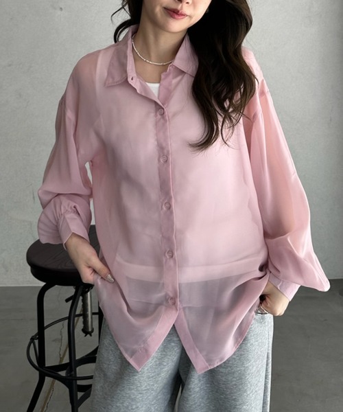 TREOVER（トレオーバー）の「リラックス感あるオーバーシルエットシアーシャツとシンプルなリブタンクの2点セット（シャツ/ブラウス・レディース・オフホワイト/ピンク/ライトグレー/ライトブルー/ブラック・FREE）」の14枚目の写真