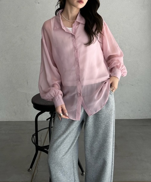 TREOVER（トレオーバー）の「リラックス感あるオーバーシルエットシアーシャツとシンプルなリブタンクの2点セット（シャツ/ブラウス・レディース・オフホワイト/ピンク/ライトグレー/ライトブルー/ブラック・FREE）」の16枚目の写真