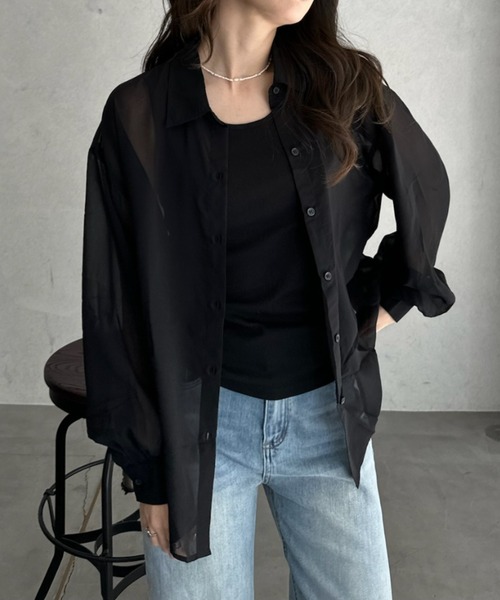 TREOVER（トレオーバー）の「リラックス感あるオーバーシルエットシアーシャツとシンプルなリブタンクの2点セット（シャツ/ブラウス・レディース・オフホワイト/ピンク/ライトグレー/ライトブルー/ブラック・FREE）」の18枚目の写真