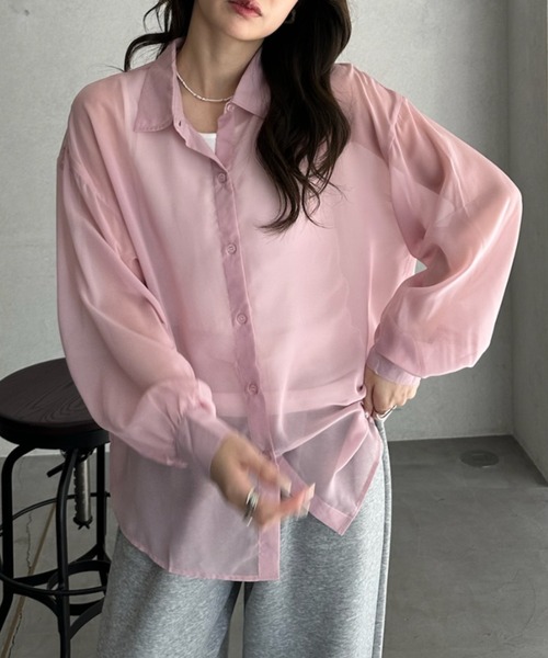 TREOVER（トレオーバー）の「リラックス感あるオーバーシルエットシアーシャツとシンプルなリブタンクの2点セット（シャツ/ブラウス・レディース・オフホワイト/ピンク/ライトグレー/ライトブルー/ブラック・FREE）」の15枚目の写真