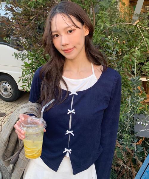 FREE'S MART(フリーズマート)の「◆レイヤード風リブリボンカットソー(Tシャツ/カットソー・レディース・ホワイト/グレー/ネイビー/ブルー・FREE)」の3枚目の写真
