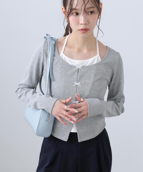 FREE'S MART(フリーズマート)の「◆レイヤード風リブリボンカットソー(Tシャツ/カットソー・レディース・ホワイト/グレー/ネイビー/ブルー・FREE)」の6枚目の写真