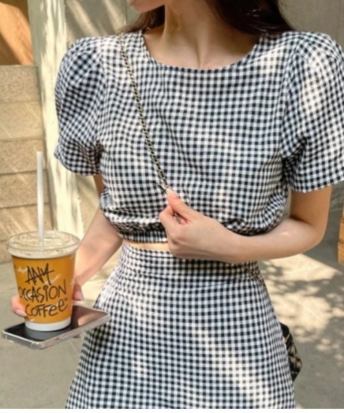 FREE STYLISTS(フリー スタイリスト)の「YUGA_YGMC Korean style Checkered top and ruffle skirt set(ワンピース・レディース・ブラック/ブルー・FREE)」の15枚目の写真