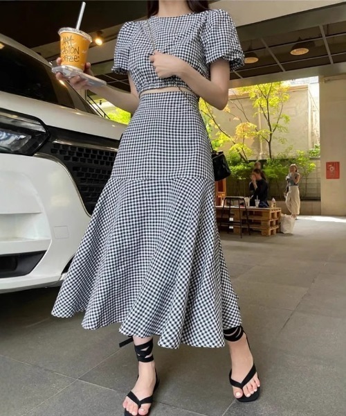 FREE STYLISTS(フリー スタイリスト)の「YUGA_YGMC Korean style Checkered top and ruffle skirt set(ワンピース・レディース・ブラック/ブルー・FREE)」の16枚目の写真