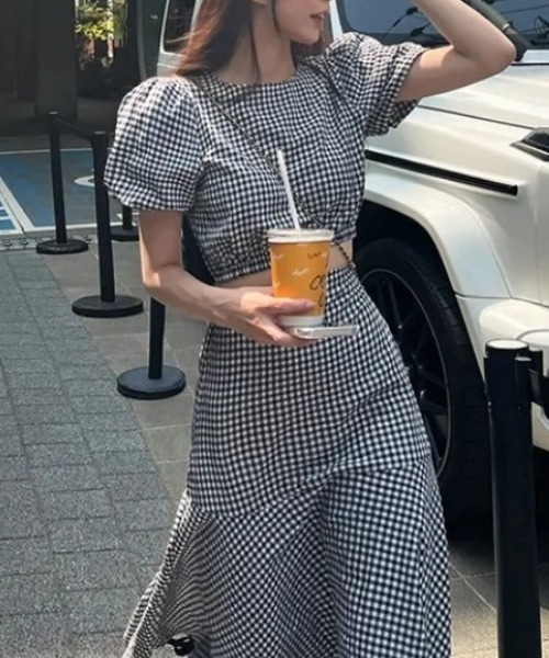 FREE STYLISTS(フリー スタイリスト)の「YUGA_YGMC Korean style Checkered top and ruffle skirt set(ワンピース・レディース・ブラック/ブルー・FREE)」の21枚目の写真