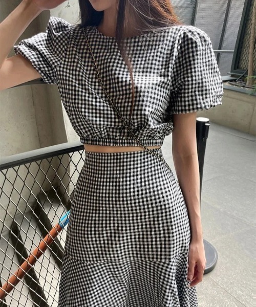 FREE STYLISTS(フリー スタイリスト)の「YUGA_YGMC Korean style Checkered top and ruffle skirt set(ワンピース・レディース・ブラック/ブルー・FREE)」の8枚目の写真