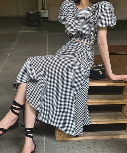 FREE STYLISTS(フリー スタイリスト)の「YUGA_YGMC Korean style Checkered top and ruffle skirt set(ワンピース・レディース・ブラック/ブルー・FREE)」の9枚目の写真