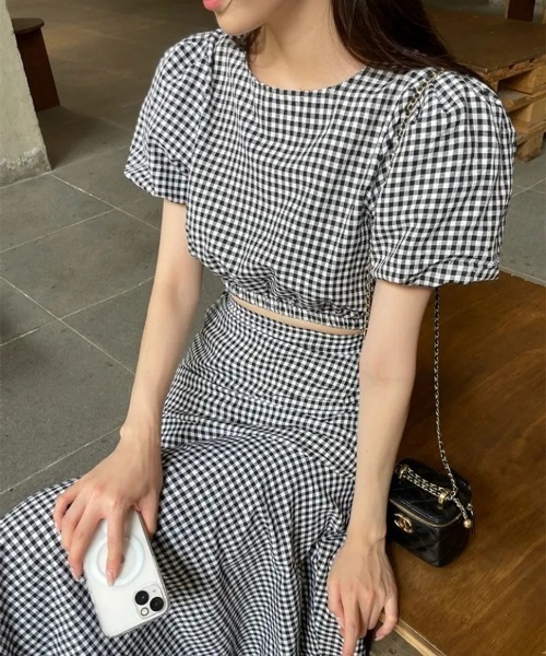FREE STYLISTS(フリー スタイリスト)の「YUGA_YGMC Korean style Checkered top and ruffle skirt set(ワンピース・レディース・ブラック/ブルー・FREE)」の10枚目の写真